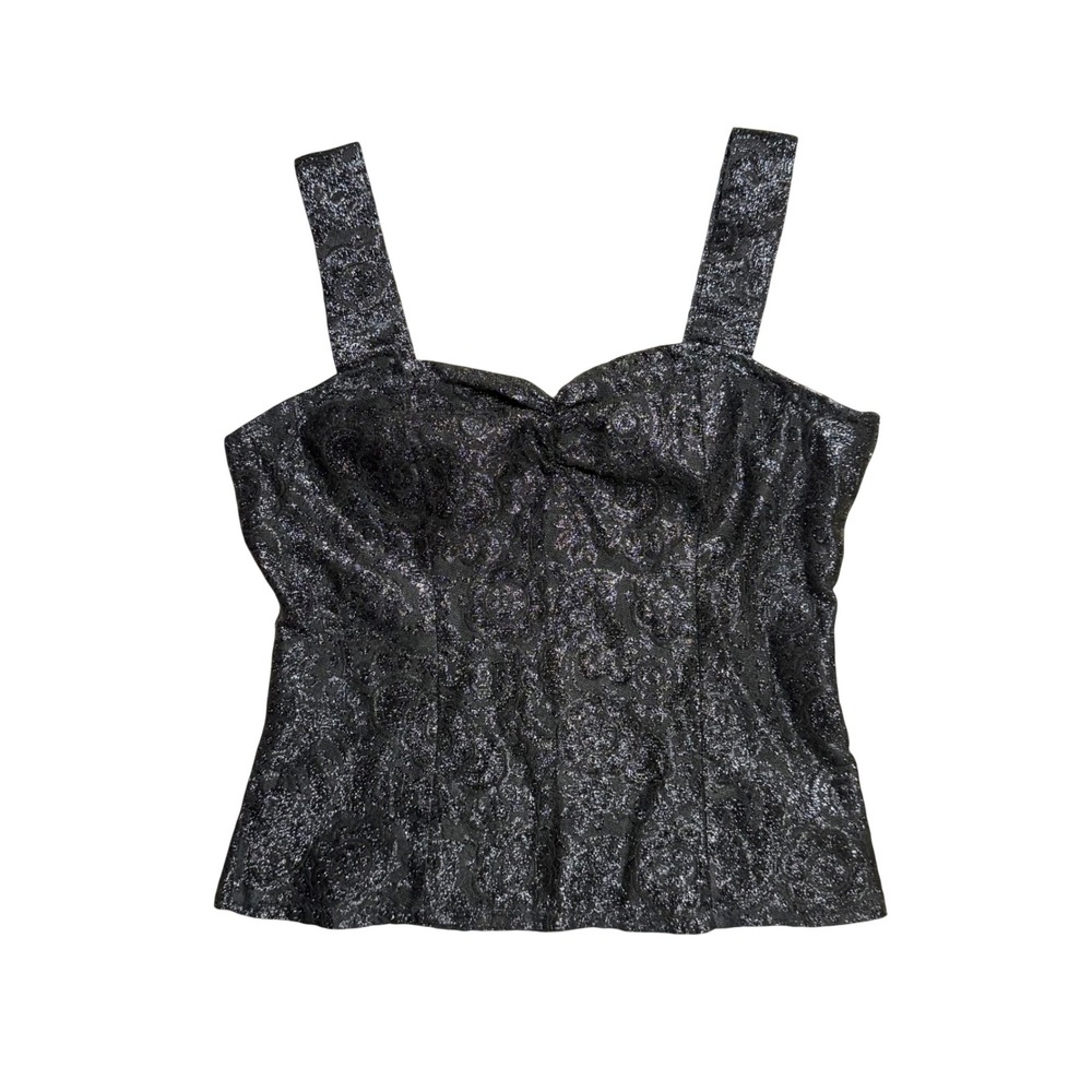 Metallic Silver Black Floral Brocade Sweetheart Camisole Top